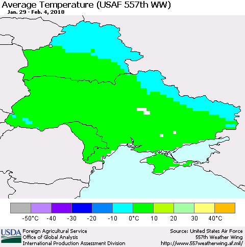 Ukraine, Moldova and Belarus Average Temperature (USAF 557th WW) Thematic Map For 1/29/2018 - 2/4/2018