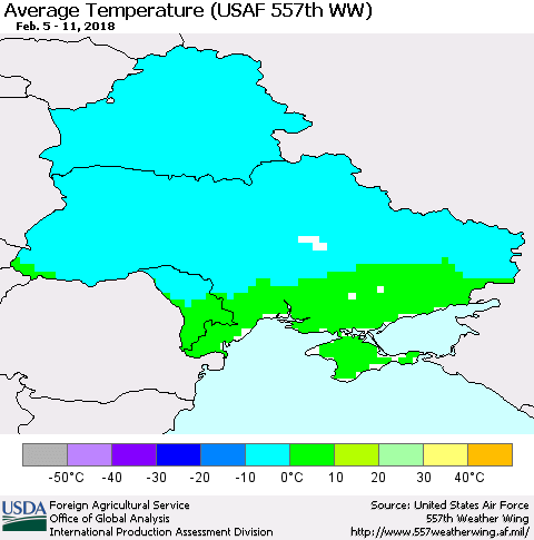 Ukraine, Moldova and Belarus Average Temperature (USAF 557th WW) Thematic Map For 2/5/2018 - 2/11/2018