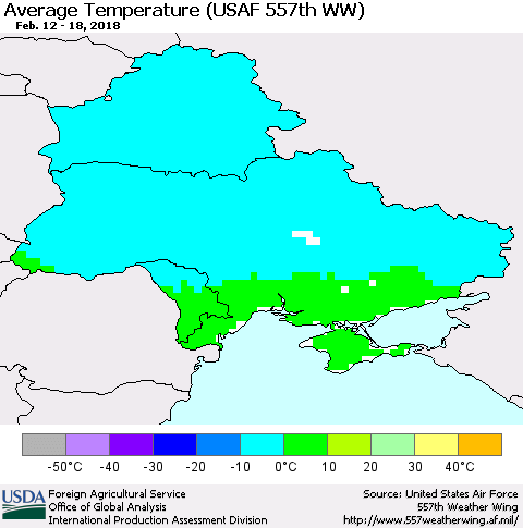 Ukraine, Moldova and Belarus Average Temperature (USAF 557th WW) Thematic Map For 2/12/2018 - 2/18/2018