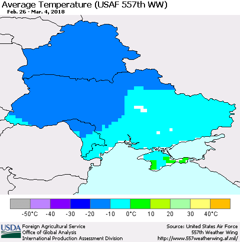Ukraine, Moldova and Belarus Average Temperature (USAF 557th WW) Thematic Map For 2/26/2018 - 3/4/2018