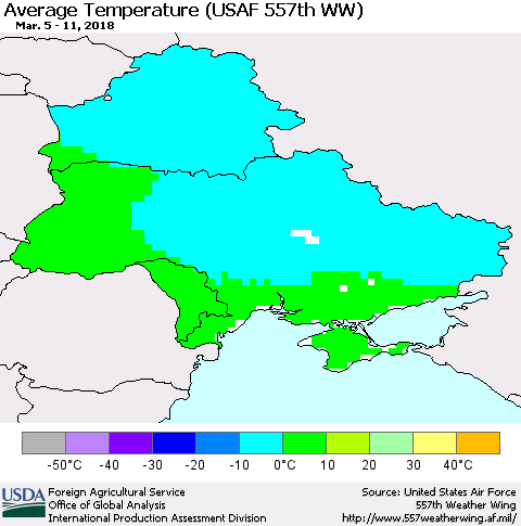 Ukraine, Moldova and Belarus Average Temperature (USAF 557th WW) Thematic Map For 3/5/2018 - 3/11/2018