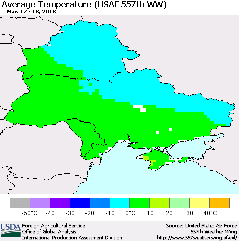 Ukraine, Moldova and Belarus Average Temperature (USAF 557th WW) Thematic Map For 3/12/2018 - 3/18/2018