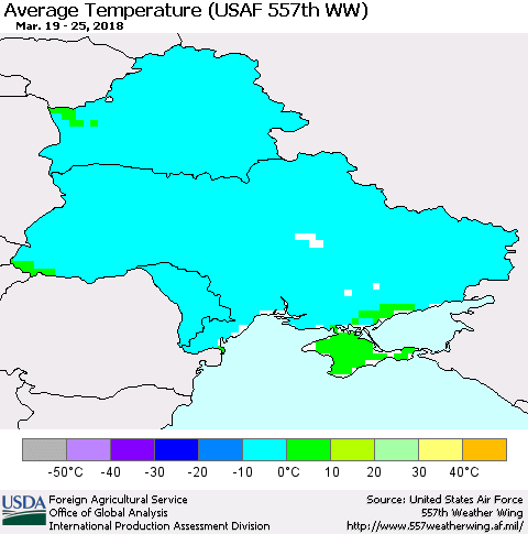 Ukraine, Moldova and Belarus Average Temperature (USAF 557th WW) Thematic Map For 3/19/2018 - 3/25/2018