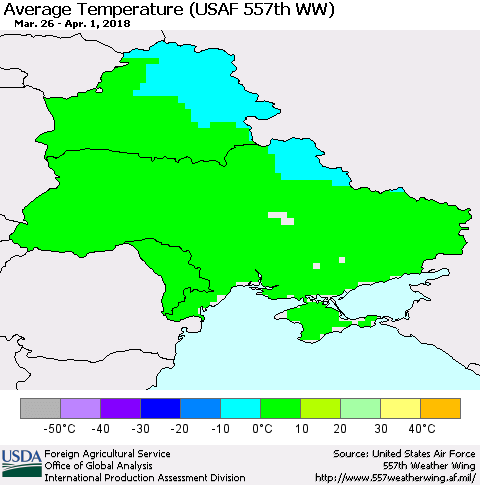 Ukraine, Moldova and Belarus Average Temperature (USAF 557th WW) Thematic Map For 3/26/2018 - 4/1/2018