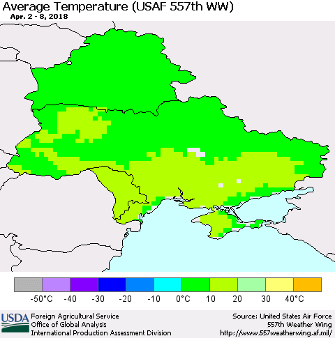 Ukraine, Moldova and Belarus Average Temperature (USAF 557th WW) Thematic Map For 4/2/2018 - 4/8/2018