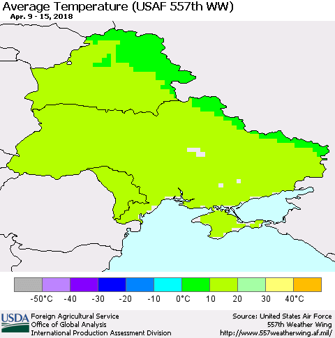 Ukraine, Moldova and Belarus Average Temperature (USAF 557th WW) Thematic Map For 4/9/2018 - 4/15/2018