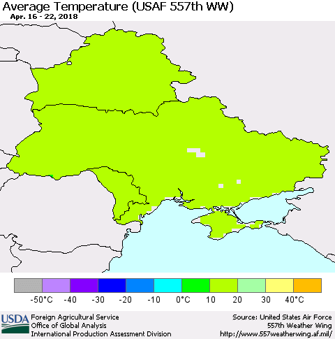 Ukraine, Moldova and Belarus Average Temperature (USAF 557th WW) Thematic Map For 4/16/2018 - 4/22/2018