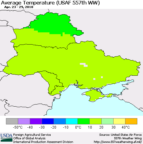 Ukraine, Moldova and Belarus Average Temperature (USAF 557th WW) Thematic Map For 4/23/2018 - 4/29/2018