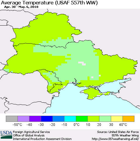 Ukraine, Moldova and Belarus Average Temperature (USAF 557th WW) Thematic Map For 4/30/2018 - 5/6/2018