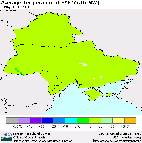 Ukraine, Moldova and Belarus Average Temperature (USAF 557th WW) Thematic Map For 5/7/2018 - 5/13/2018