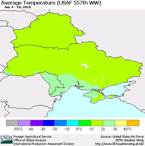 Ukraine, Moldova and Belarus Average Temperature (USAF 557th WW) Thematic Map For 6/4/2018 - 6/10/2018