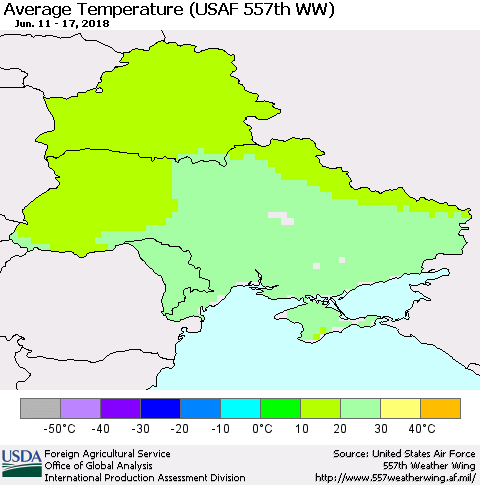 Ukraine, Moldova and Belarus Average Temperature (USAF 557th WW) Thematic Map For 6/11/2018 - 6/17/2018