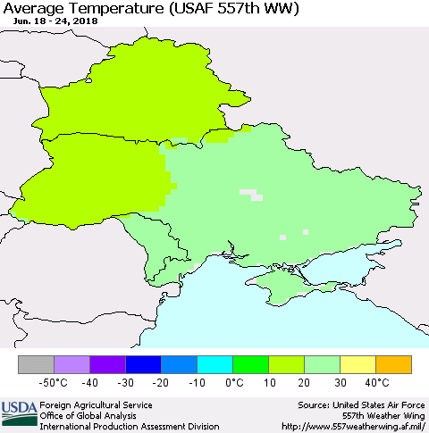 Ukraine, Moldova and Belarus Average Temperature (USAF 557th WW) Thematic Map For 6/18/2018 - 6/24/2018