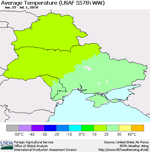 Ukraine, Moldova and Belarus Average Temperature (USAF 557th WW) Thematic Map For 6/25/2018 - 7/1/2018