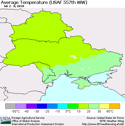Ukraine, Moldova and Belarus Average Temperature (USAF 557th WW) Thematic Map For 7/2/2018 - 7/8/2018