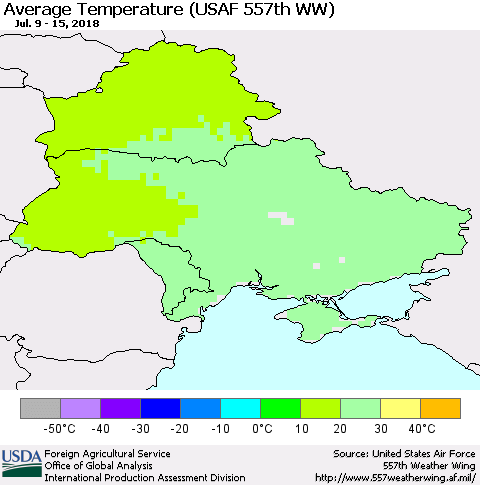 Ukraine, Moldova and Belarus Average Temperature (USAF 557th WW) Thematic Map For 7/9/2018 - 7/15/2018