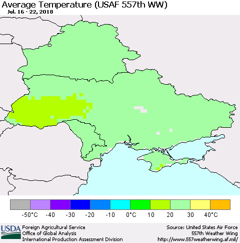 Ukraine, Moldova and Belarus Average Temperature (USAF 557th WW) Thematic Map For 7/16/2018 - 7/22/2018