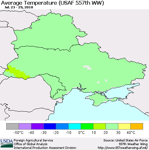 Ukraine, Moldova and Belarus Average Temperature (USAF 557th WW) Thematic Map For 7/23/2018 - 7/29/2018