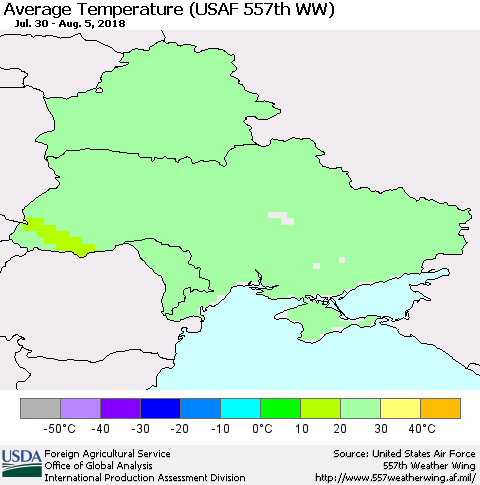 Ukraine, Moldova and Belarus Average Temperature (USAF 557th WW) Thematic Map For 7/30/2018 - 8/5/2018