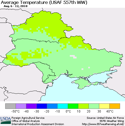 Ukraine, Moldova and Belarus Average Temperature (USAF 557th WW) Thematic Map For 8/6/2018 - 8/12/2018