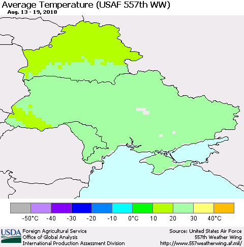 Ukraine, Moldova and Belarus Average Temperature (USAF 557th WW) Thematic Map For 8/13/2018 - 8/19/2018