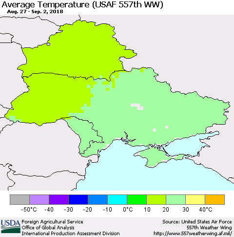Ukraine, Moldova and Belarus Average Temperature (USAF 557th WW) Thematic Map For 8/27/2018 - 9/2/2018