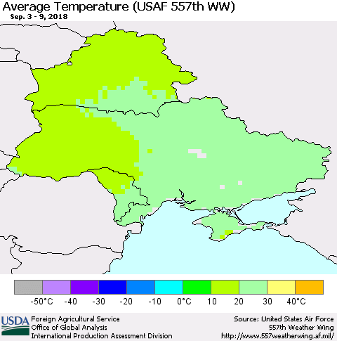 Ukraine, Moldova and Belarus Average Temperature (USAF 557th WW) Thematic Map For 9/3/2018 - 9/9/2018
