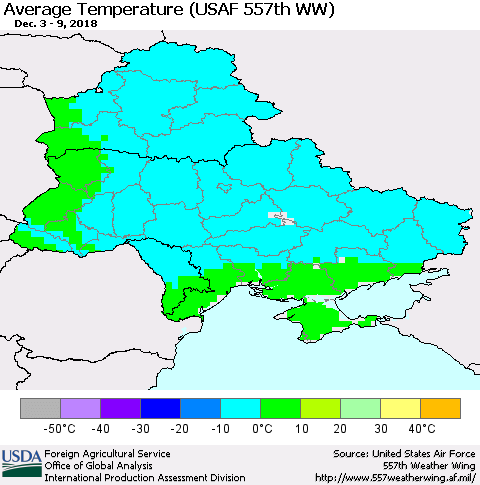 Ukraine, Moldova and Belarus Average Temperature (USAF 557th WW) Thematic Map For 12/3/2018 - 12/9/2018
