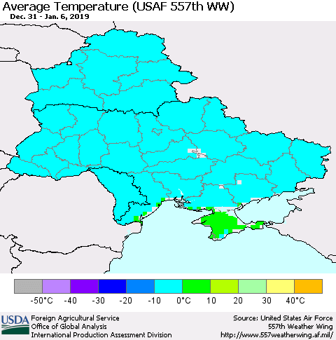 Ukraine, Moldova and Belarus Average Temperature (USAF 557th WW) Thematic Map For 12/31/2018 - 1/6/2019
