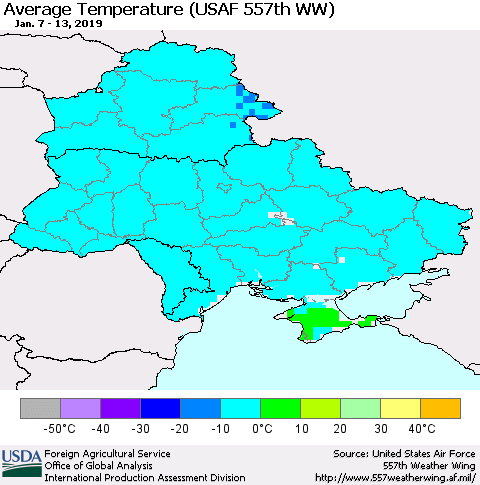 Ukraine, Moldova and Belarus Average Temperature (USAF 557th WW) Thematic Map For 1/7/2019 - 1/13/2019