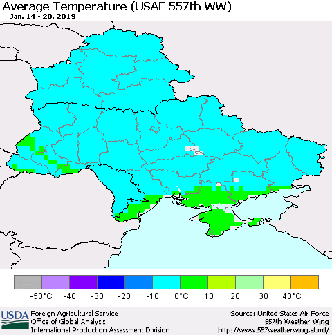Ukraine, Moldova and Belarus Average Temperature (USAF 557th WW) Thematic Map For 1/14/2019 - 1/20/2019