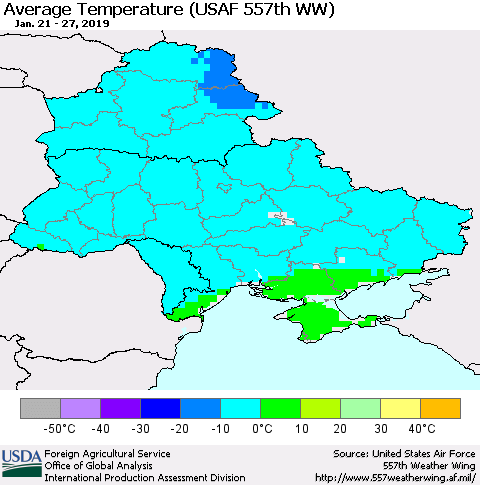Ukraine, Moldova and Belarus Average Temperature (USAF 557th WW) Thematic Map For 1/21/2019 - 1/27/2019