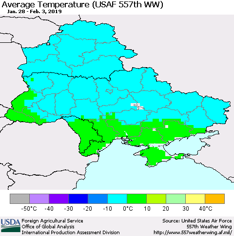 Ukraine, Moldova and Belarus Average Temperature (USAF 557th WW) Thematic Map For 1/28/2019 - 2/3/2019