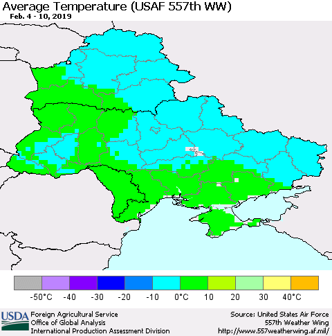 Ukraine, Moldova and Belarus Average Temperature (USAF 557th WW) Thematic Map For 2/4/2019 - 2/10/2019