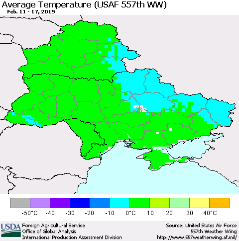 Ukraine, Moldova and Belarus Average Temperature (USAF 557th WW) Thematic Map For 2/11/2019 - 2/17/2019