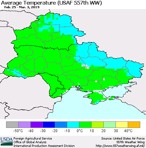 Ukraine, Moldova and Belarus Average Temperature (USAF 557th WW) Thematic Map For 2/25/2019 - 3/3/2019