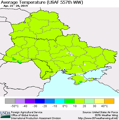 Ukraine, Moldova and Belarus Average Temperature (USAF 557th WW) Thematic Map For 4/22/2019 - 4/28/2019