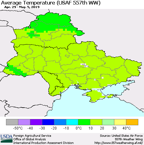 Ukraine, Moldova and Belarus Average Temperature (USAF 557th WW) Thematic Map For 4/29/2019 - 5/5/2019