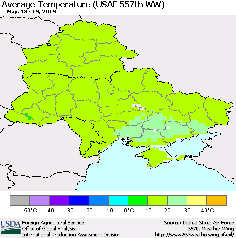 Ukraine, Moldova and Belarus Average Temperature (USAF 557th WW) Thematic Map For 5/13/2019 - 5/19/2019