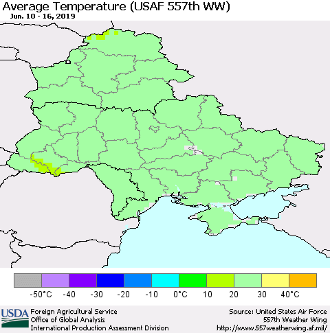 Ukraine, Moldova and Belarus Average Temperature (USAF 557th WW) Thematic Map For 6/10/2019 - 6/16/2019
