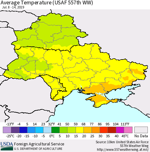 Ukraine, Moldova and Belarus Average Temperature (USAF 557th WW) Thematic Map For 7/8/2019 - 7/14/2019