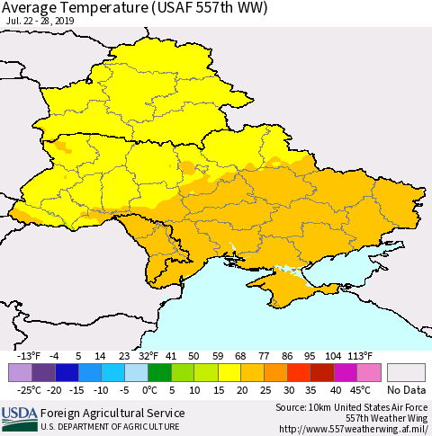 Ukraine, Moldova and Belarus Average Temperature (USAF 557th WW) Thematic Map For 7/22/2019 - 7/28/2019