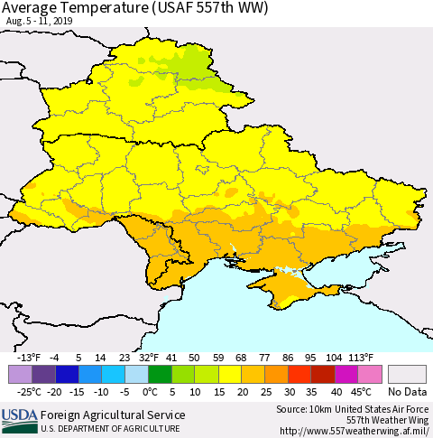 Ukraine, Moldova and Belarus Average Temperature (USAF 557th WW) Thematic Map For 8/5/2019 - 8/11/2019