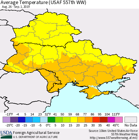 Ukraine, Moldova and Belarus Average Temperature (USAF 557th WW) Thematic Map For 8/26/2019 - 9/1/2019