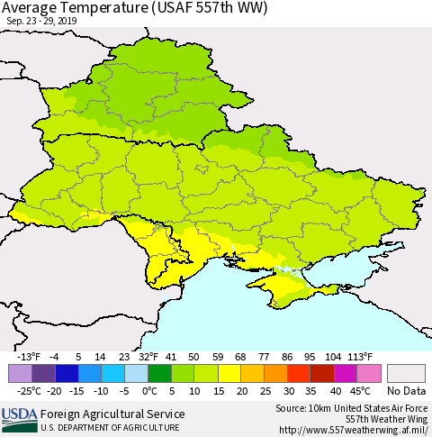 Ukraine, Moldova and Belarus Average Temperature (USAF 557th WW) Thematic Map For 9/23/2019 - 9/29/2019