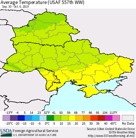Ukraine, Moldova and Belarus Average Temperature (USAF 557th WW) Thematic Map For 9/30/2019 - 10/6/2019