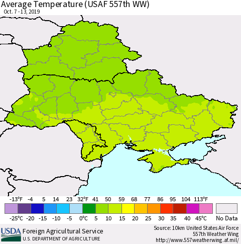 Ukraine, Moldova and Belarus Average Temperature (USAF 557th WW) Thematic Map For 10/7/2019 - 10/13/2019