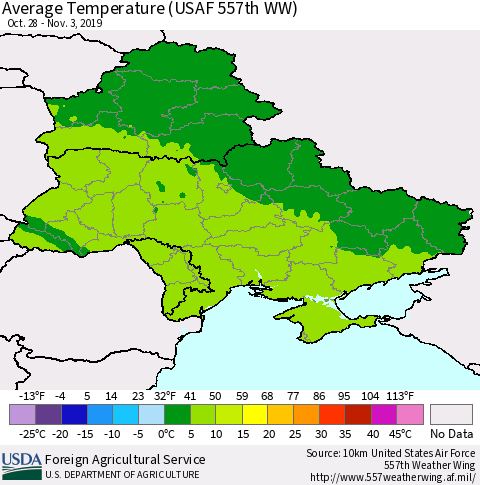 Ukraine, Moldova and Belarus Average Temperature (USAF 557th WW) Thematic Map For 10/28/2019 - 11/3/2019