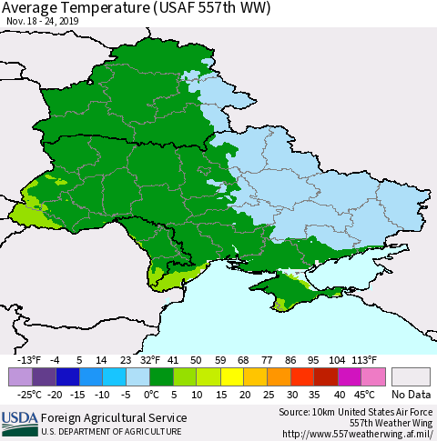 Ukraine, Moldova and Belarus Average Temperature (USAF 557th WW) Thematic Map For 11/18/2019 - 11/24/2019