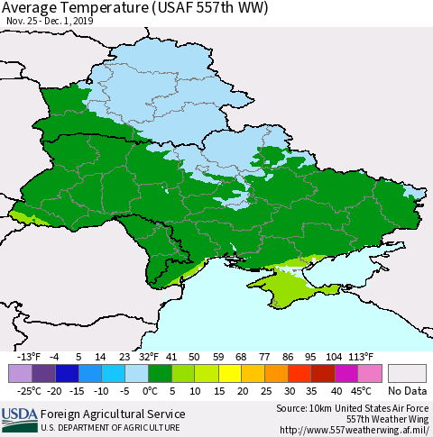 Ukraine, Moldova and Belarus Average Temperature (USAF 557th WW) Thematic Map For 11/25/2019 - 12/1/2019